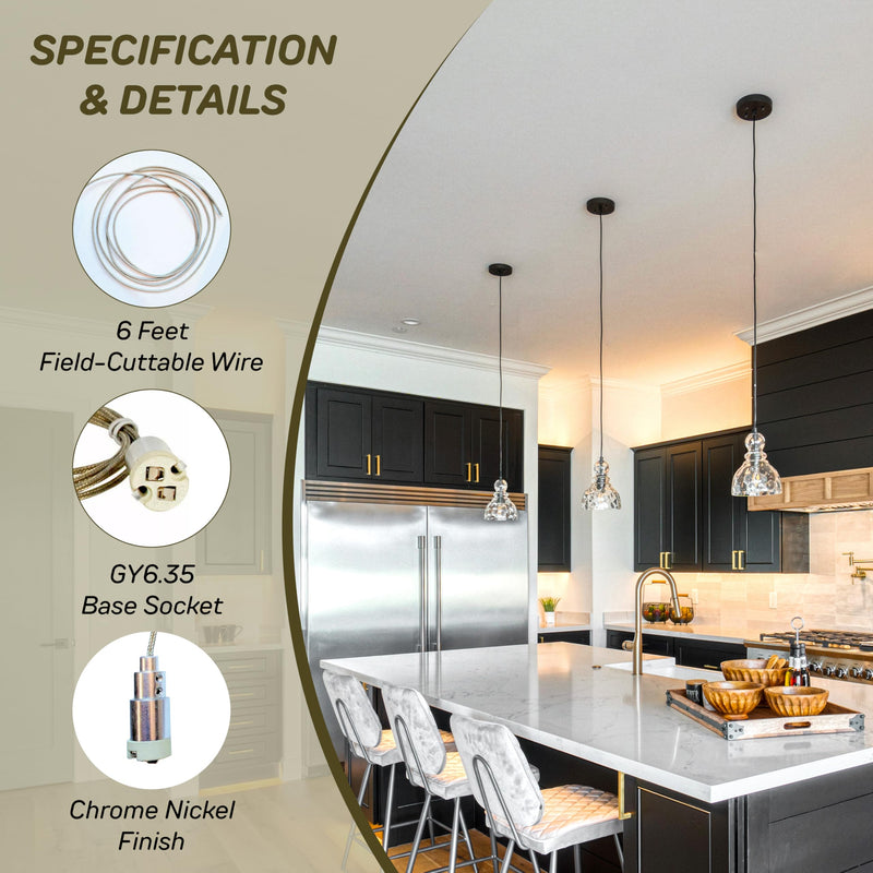 Tech Lighting 287COXLVN chrome nickel low voltage pendant socket with 6' wire has a 50 watts lamp maximum with a 12 volts system for freejack pendants. 1 Pack