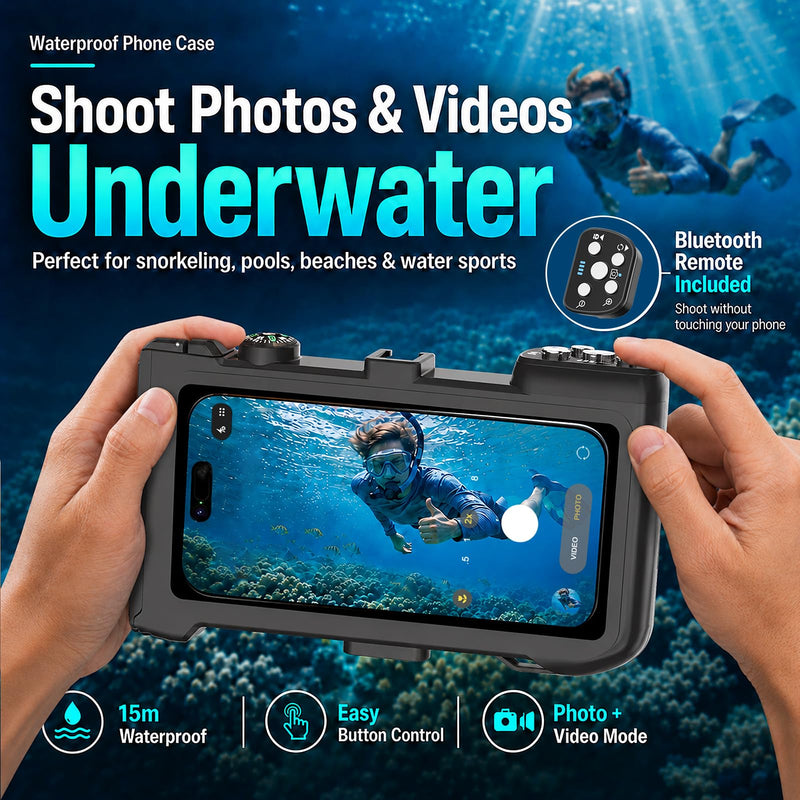 Waterproof Phone Case for Snorkeling, 50FT/15M Underwater Housing with Bluetooth Remote Shutter, Diving Case for iPhone 17 16 15 14 Samsung Galaxy S26 S25, Fits up to 7.3 Inch (Black) 3RD SSK Black