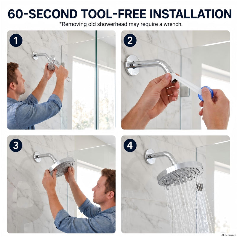 6" High Pressure Shower Head, 7-Setting Fixed Showerhead with Premium Adjustable Angle, Rainfall for Low Water Pressure Homes & Apartments, Self-Cleaning, Tool-Free Install, Chrome
