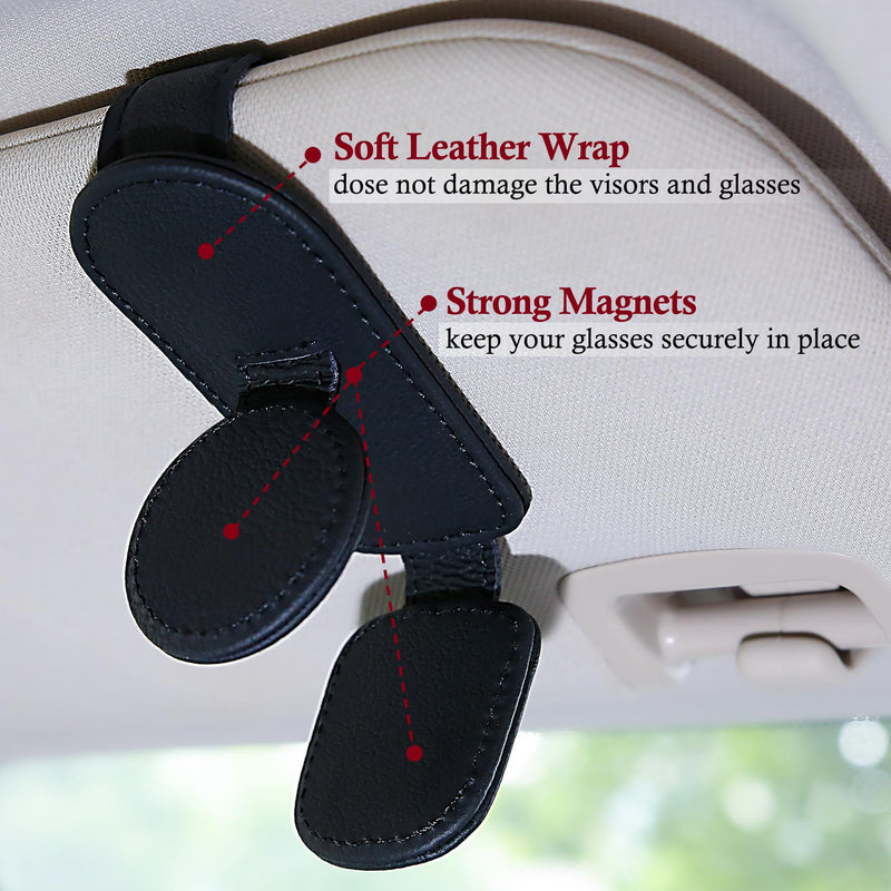 KIWEN Sunglasses Holder for Car Visor, Magnetic Leather Sunglass Eyeglass Hanger Clip for Car Sun Visor Accessories (1, Black) 1 Pack