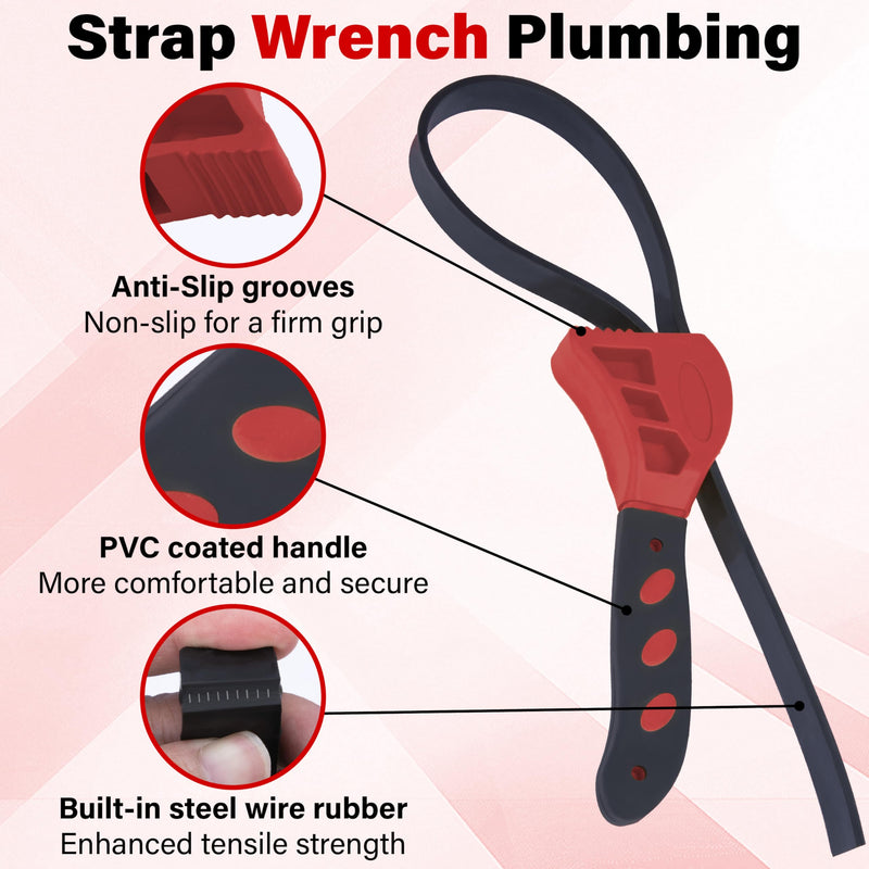 2 PCS Strap Wrench Plumbing, Rubber Strap Wrench, 24 Inch & 19.7 Inch Oil Filters Strap Wrenches, Water Filter Wrenches, Adjustable Rubber Jar Opener for Water Filters, Plumbing,Sink, Faucet (Red) Red