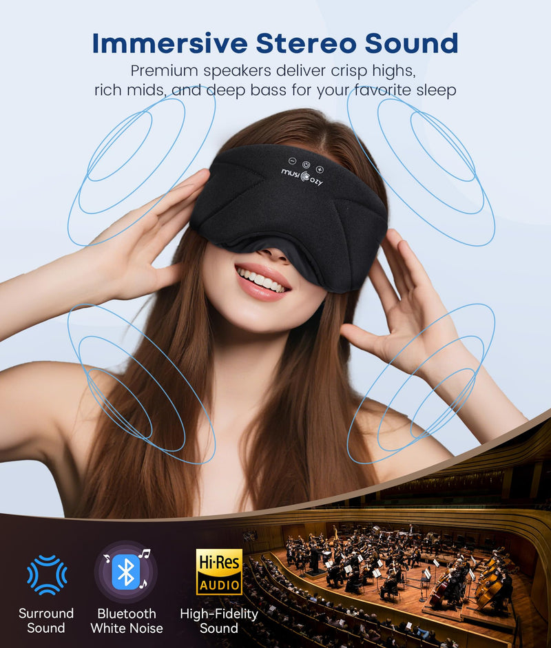 MUSICOZY Bluetooth Sleep Mask Headphones with HD Speakers for Side Sleepers | Ultra-soft Bluetooth 5.4 Wireless Over-Ear Washable with HD Stereo Ideal for Travel Meditation Relaxation Gifts for Men Women Midnight Black