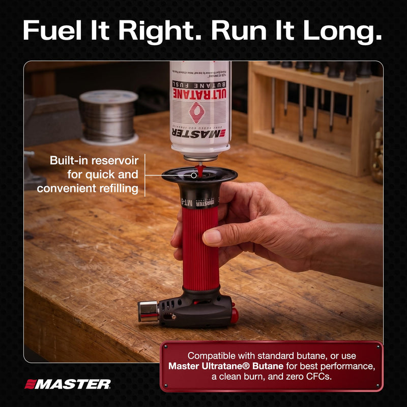 Master Appliance MT-51 Professional Butane Torch Lighter, Hand Held Torch Lighter, Adjustable Flame Mini Blow Torch, Refillable with Butane Fuel for Soldering, Electrical Connectors, Kitchen, Cooking Plastic Tank