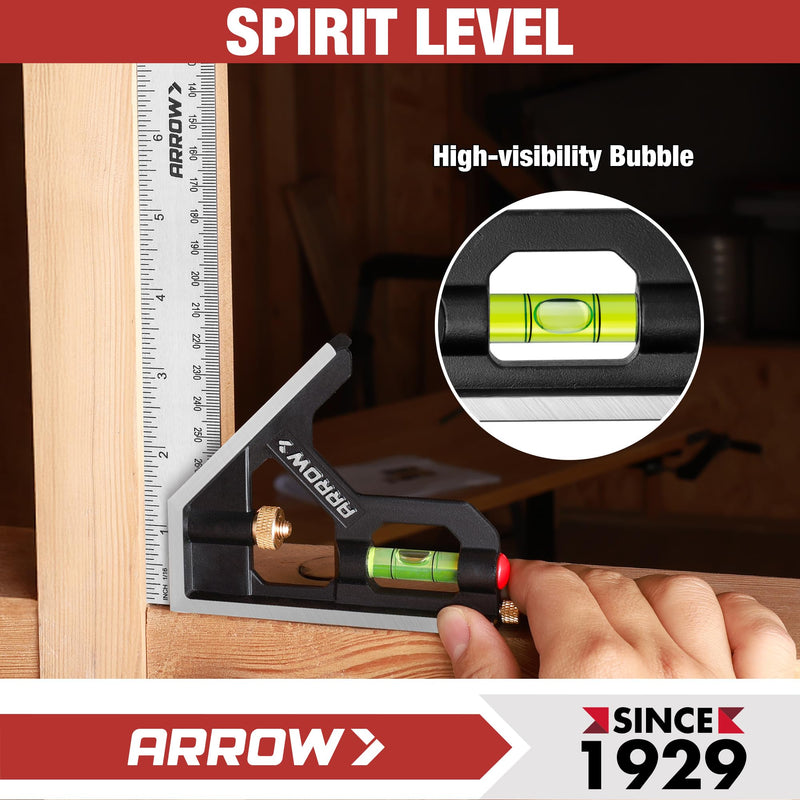 Arrow 7-Inch Aluminum Alloy Carpenter Square and 12-Inch Zinc Alloy Combination Square Set, Woodworking Rafter Layout Ruler Tool Combo