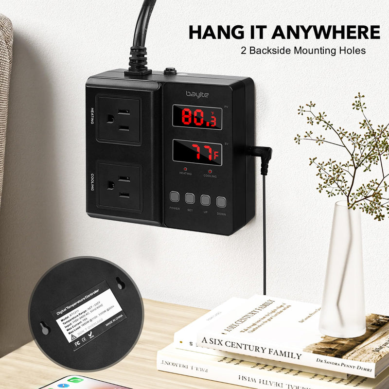bayite Temperature Controller 1650W 15A BTC211 Dual Digital Outlet Thermostat Plug, Pre-Wired, 2 Stage Heating and Cooling Mode, 110V - 240V, Fermentation BBQ Reptile Aquarium