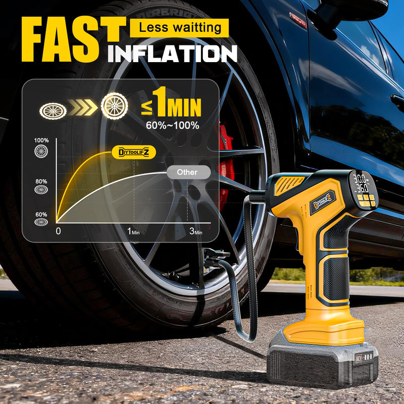 Cordless Tire Inflator Air Compressor Compatible with Dewalt 20V Battery (Tool Only), 150 PSI Portable Car Air Pump with Digital Pressure Gauge, Automatic Shut Off, LED Light Yellow- Compatible With Dewalt 20v