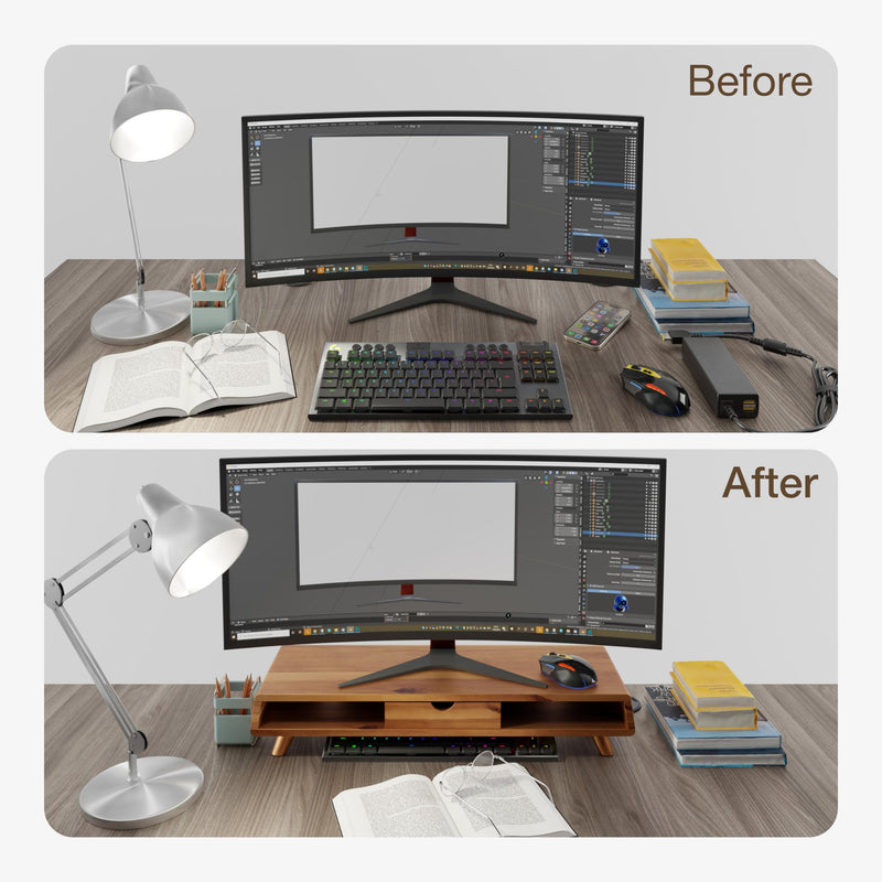 TINAMO Acacia Wood Monitor Stand with Drawer - Wooden Monitor Riser for Desk - Computer Monitor Stand for Desk - Multi-Purpose Desktop Storage Stand for Computer; Laptop; Printer; TV - 24.4 " x 8" x 5" (Patent Pending)