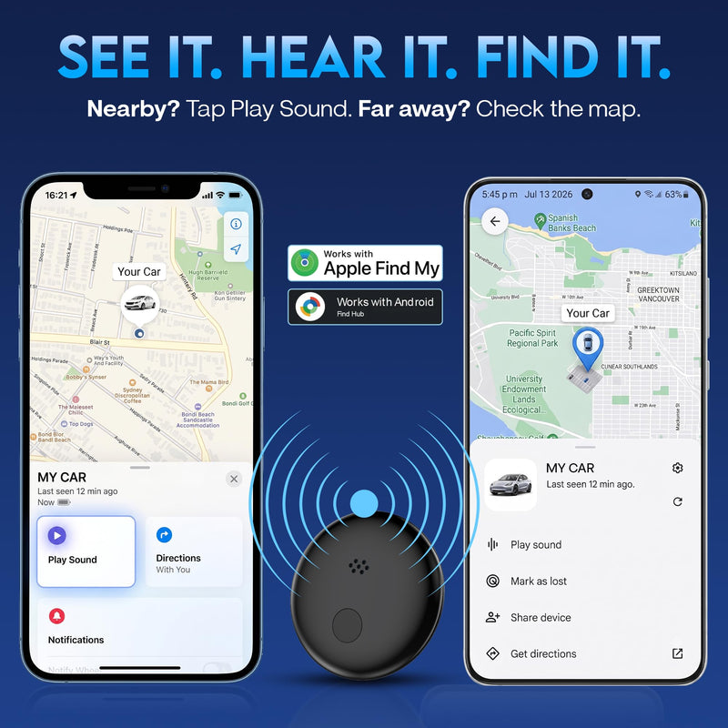 Car Tracker Device No Subscription 2 Pack, Magnetic GPS Tracker for Vehicles Hidden, Dual System Compatible with Find My and Find Hub, Bluetooth Locator, 12-Month Battery, AirTag Alternative