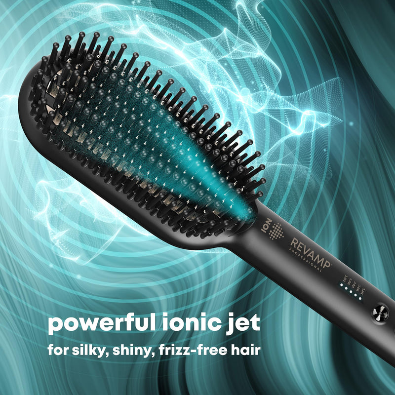 REVAMP Progloss Deepform Hair Straightener Brush - Ceramic, Ionic | Heated Brush Styler, Salon Professional Shine Oils, Ion Jet, Fast Hair Straightening, Smoothing