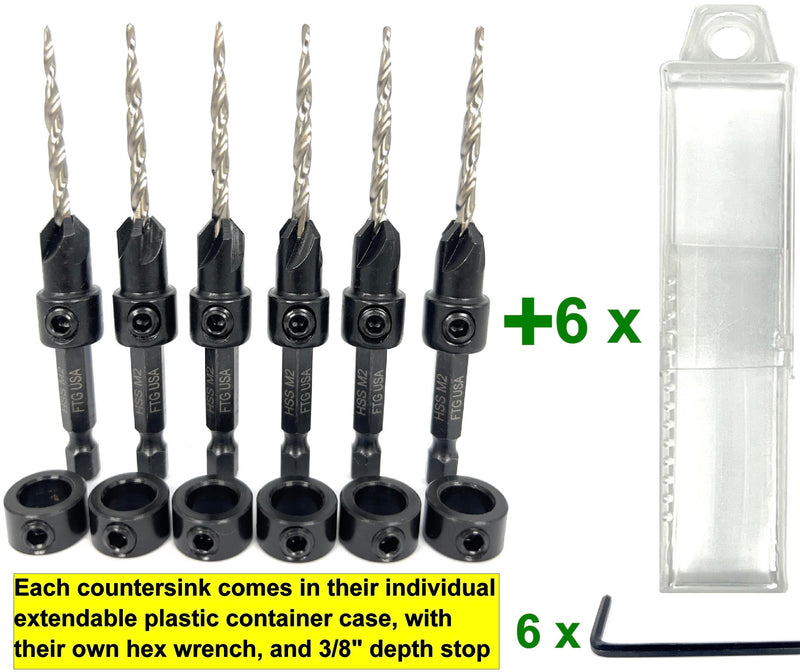 FTG USA 6 Pc #6 (9/64") Countersink Drill Bit Set with Tapered Drill Bits for Wood, Depth Stop Collar, Hex Wrench and Storage Container Same Sort 6 Pc