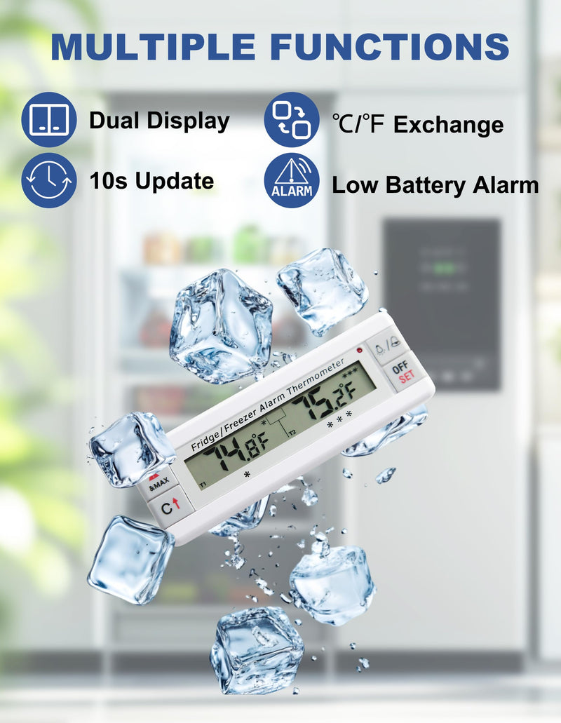 Digital Refrigerator Thermometer 2 Channel Freezer Thermometer with Alarm Sound Reminder Thermometer Fridge with Max/Min Temperature Record Freezer Alarm with Magnetic Back for Home Kitchen Refrigerator Universal Version