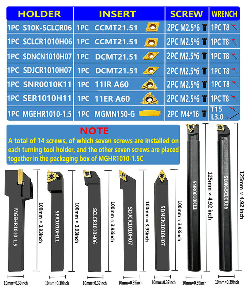 7PCS 3/8" Shank Indexable Carbide Lathe Turning Tool Holder Set Cutting Tools for Turning Grooving Threading Boring Bar with Carbide Turning Insert MGMN150-G CCMT21.51 DCMT21.51 11ER 11IR