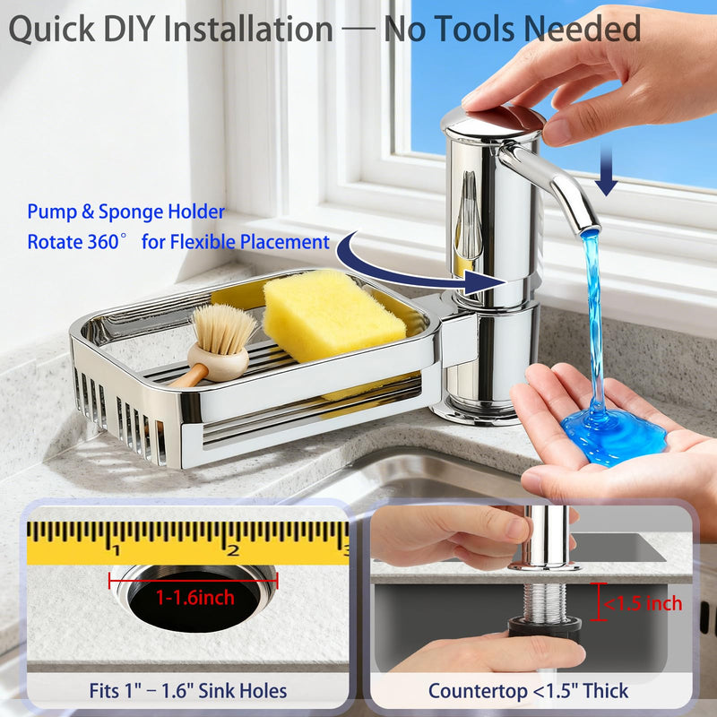 Kitchen Sink Soap Dispenser with 40" Extension Tube – Built-in Sponge Holder, Leak-Proof ABS Pump, No Messy Refills, Under-Sink Bottle Connection Kit for Dish Soap, Hand Soap & Lotion (Brushed Nickel)