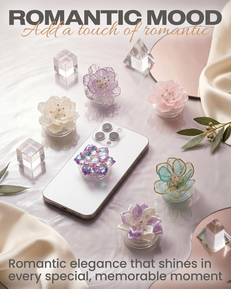 On The Grip 3D Lotus Flower Phone Grip - Collapsible Smartphone Stand & Kickstand, Pearl White & Lavender Crystal Topper (Clear Lavender) Clear Lavender