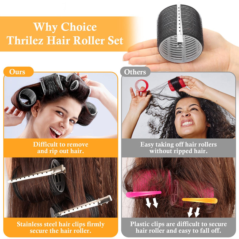 Thrilez 39PCS Hair Curlers Rollers with Clips Black Hair Roller with 3 Sizes 64mm 44mm 33mm, Jumbo Roller with 12PCS Duckbill Clips Hair Rollers for Long Medium Short Thick Fine Volume Bangs