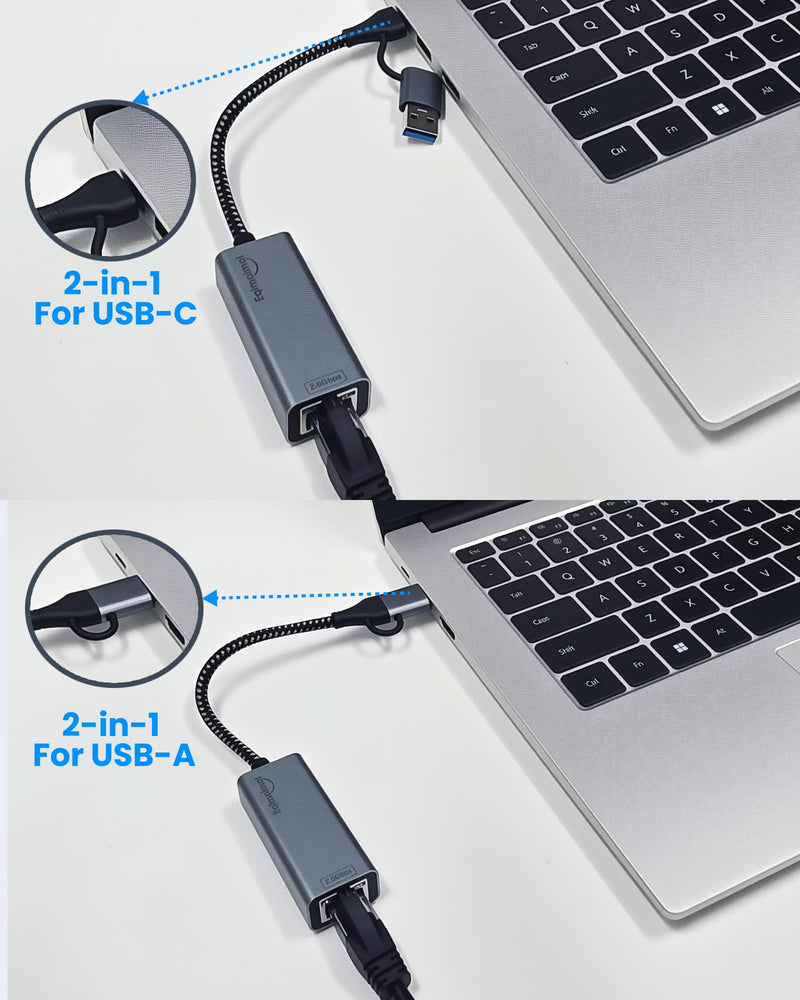2.5G USB Ethernet Adapter 2-in-1, Aluminum Fast USB-C&USB-A to RJ45 Network Adapter Compatible with Laptop/PC, Windows, Mac, Linux,Plug & Play 2.5G USBA+USBC TO RJ45
