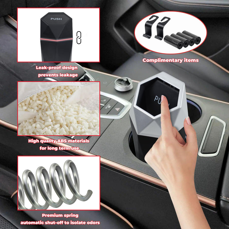 Car Trash Can, Car Trash Bin with Lid, Car Accessories for Women Interior, Car Garbage Can with Additional 2 ABS Hooks and 60pcs Trash Bags, Suitable for Home, Office, Car Organizer, Black BLACK 1PC
