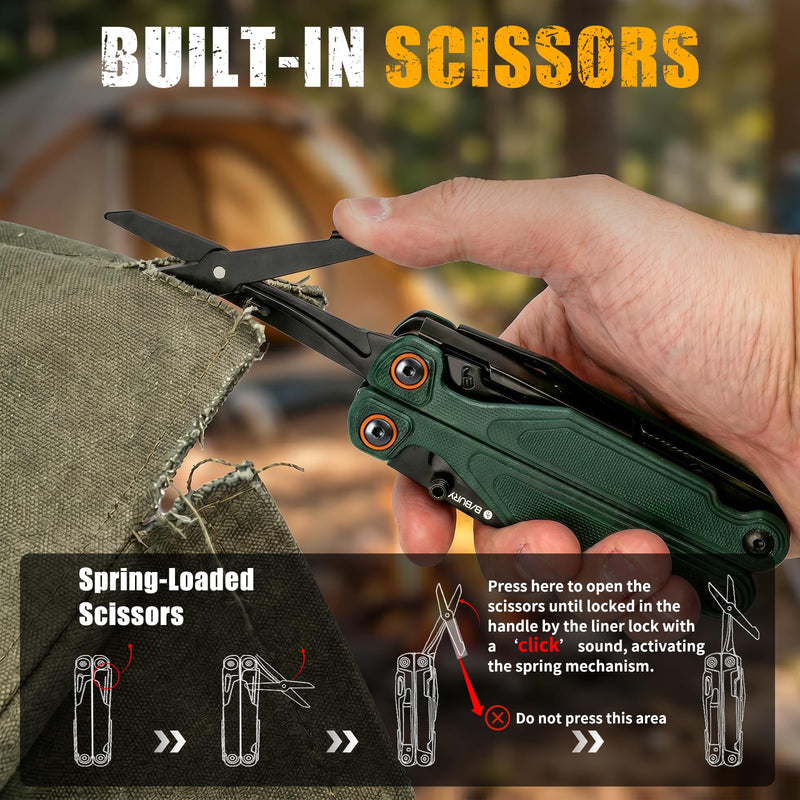 BIBURY Lightweight G10 Handle Multitool Pliers, 25-in-1 EDC Multi Tool with Replaceable Wire Cutters, Scissors, One-Hand Opening Pocket Knife Survival Tools for Camping, Repair,Survival -BI2048G Green