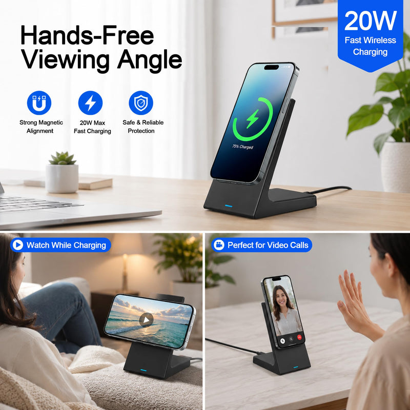 20W Wireless Charger for Apple Devices,Magnetic Charger for iPhone12-17 | 25W PD3.0 Adapter Wireless Charger Stand for Travel, Bedside,Desk, and Nightstand Black