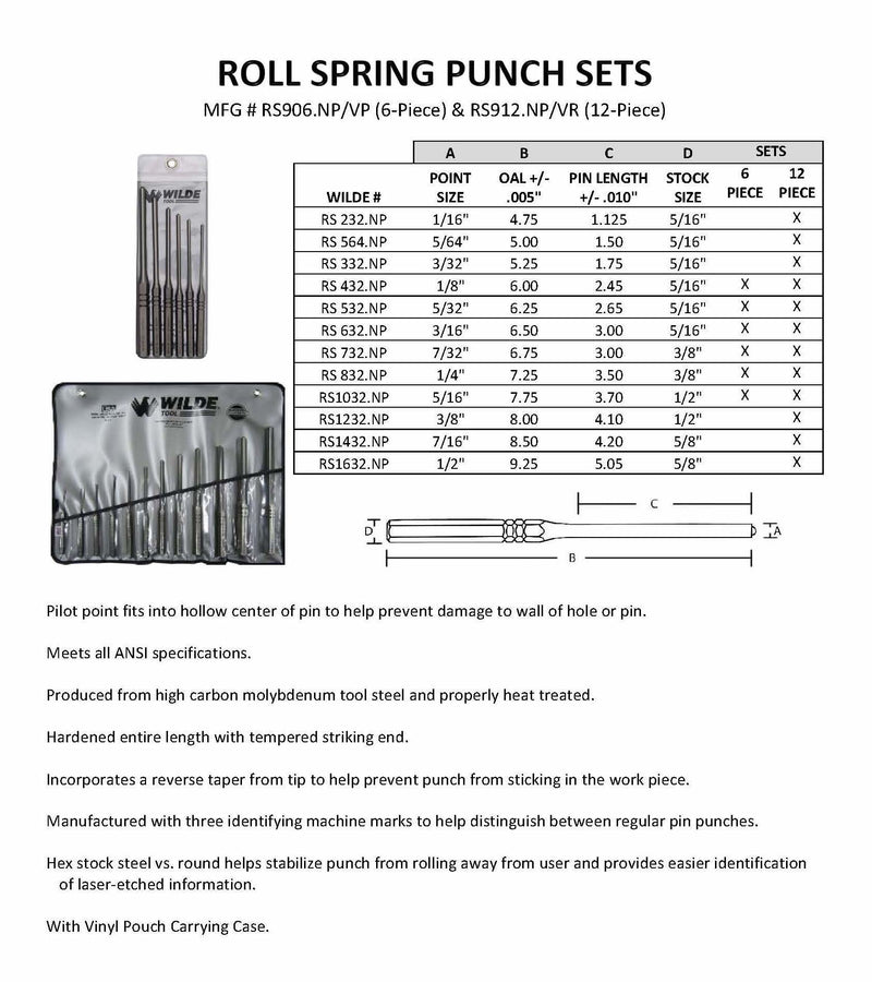 Wilde Tool RS906 Roll Spring Punch Set, 6-Piece 6-Piece Set