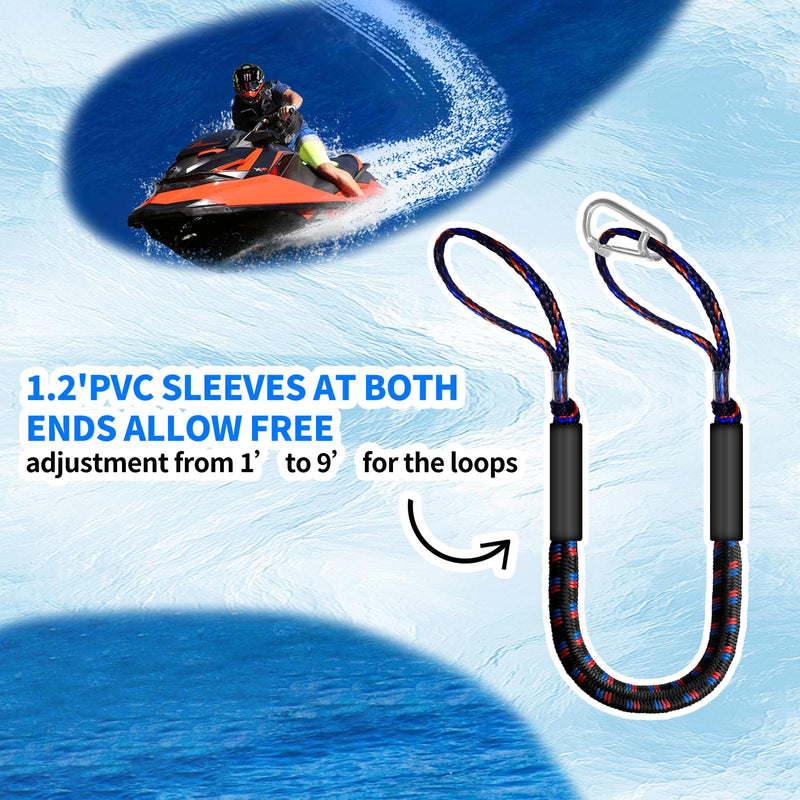4ft Bungee Dock Line with 2 Loops and 1 Clip, 2025 Newly Upgraded Mooring Rope for Boats (Black,red,Blue) black,red,blue
