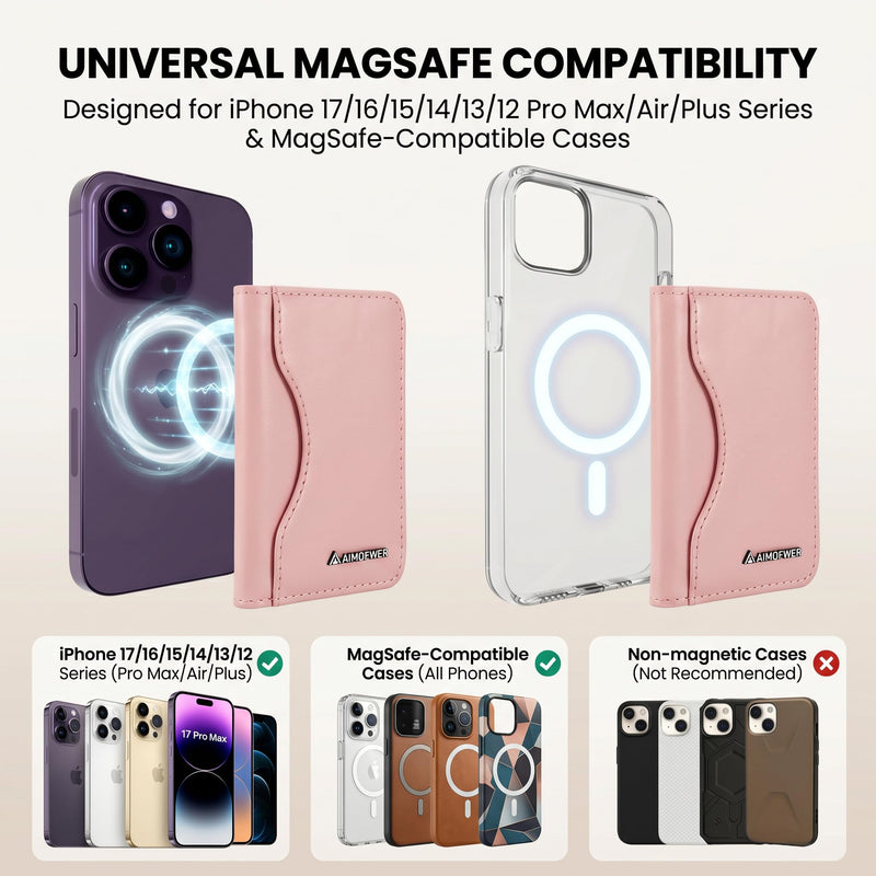 MagSafe Wallet Stand with ID Window, 7 Card Holder with RFID Blocking for MagSafe Phone and Case, Slim Leather Magnetic Wallet for iPhone 17e/17/16/15/14/13/12 Series(Pink) Pink