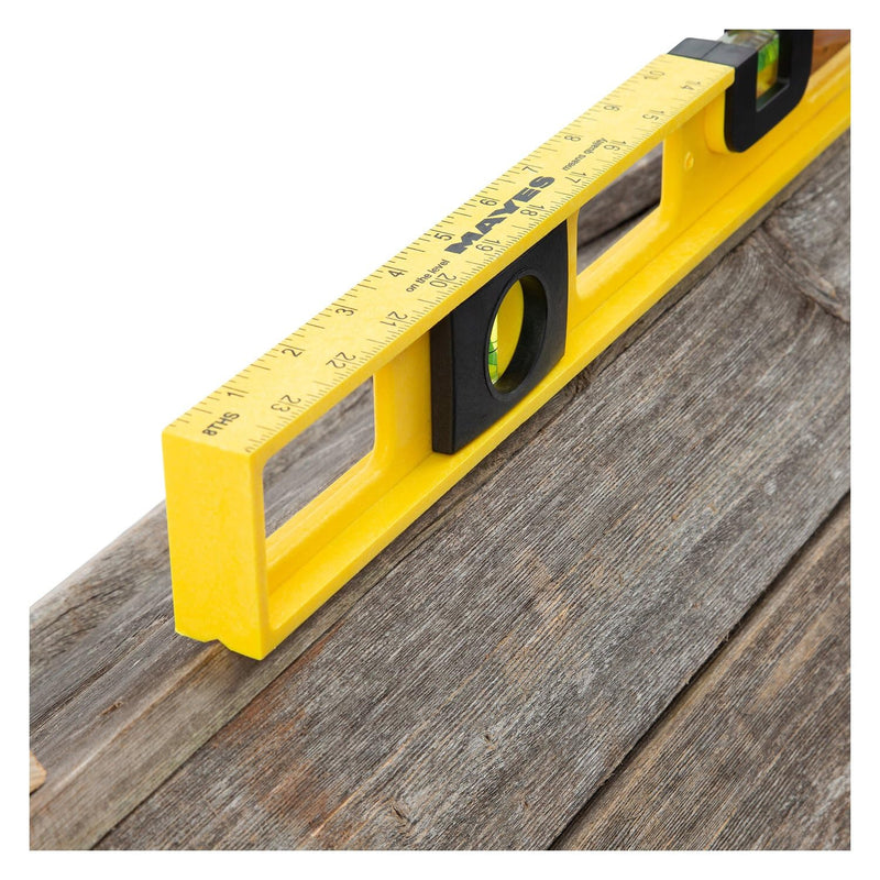 Mayes 10140 Top View Magnetic Level, 24 Inch Level Made in USA, 3 Vials with 270° Center View, Ruled Edge for Accurate Measurements, V-Groove for Curved Surfaces 24-Inch Magnetic