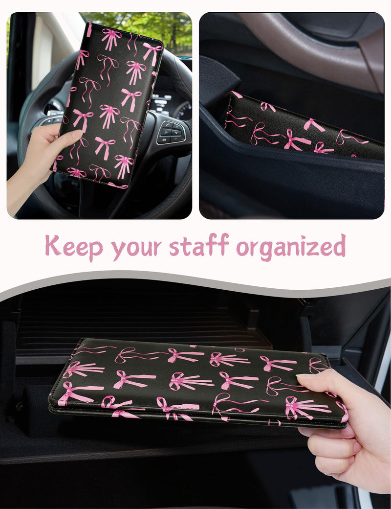 Mymazn Car Registration and Insurance Holder, PU Leather Glove Box Car Organizer with Magnetic Closure, Car Document Holder for Driver's License & Essential Documents (Pink Bow) Pink Bow