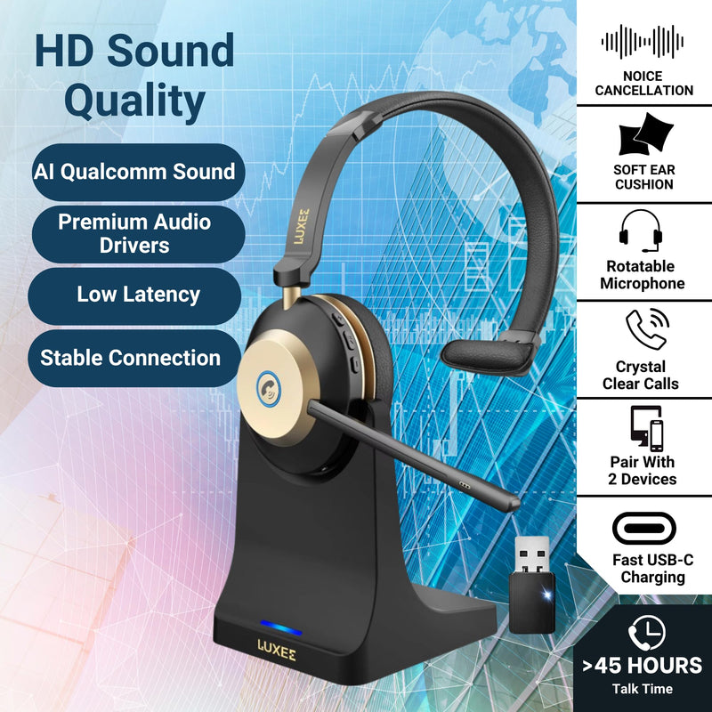 LUXEE Bluetooth Wireless Headset with Microphone for Work - Single Ear Computer Headset with USB Dongle & Charging Base, Noise Canceling Office Headset for Laptop, Zoom, Audifonos con Microfono