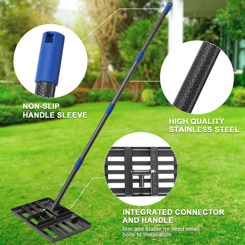 Lawn Leveling Rake,Stainless Steel Lawn Leveler with 18”x10” Ground Plate, 72” Adjustable Long Handle, Level Lawn Tool for Grass, Golf Field, Level Soil or Dirt Ground Surfaces 6 FT