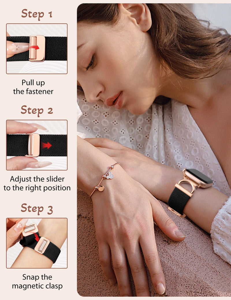 Stretchy Magnetic Band Compatible with Apple Watch Bands 38/40/41/42/44/45/46/49mm Women, Elastic Nylon Dressy Designer C-Shape Metal Strap for iWatch Series 11 10 9 8 7 6 5 4 SE/Ultra 3 2 1 Black/Rose Gold 38/40/41/42mm(Series 11/10)