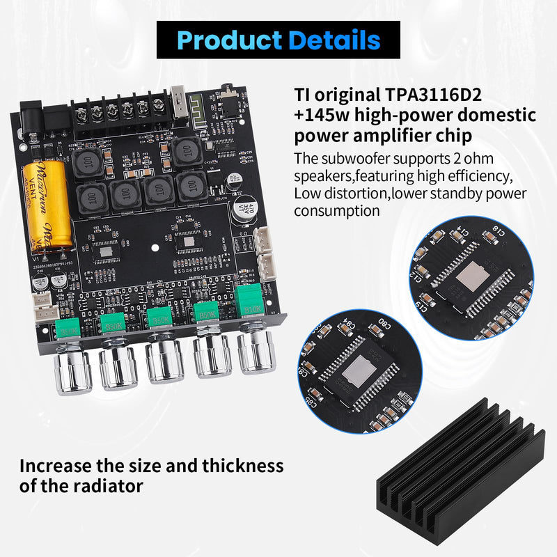 Bluetooth Audio Amplifier Board, ZK-TB21PRO 2.1CH 50W×2+145W Subwoofer Amp | with USB Lossless Decoding, SOP8/DIP8 Dual Package, Mic & Subwoofer Expansion Ports, Enhanced Heat Sink