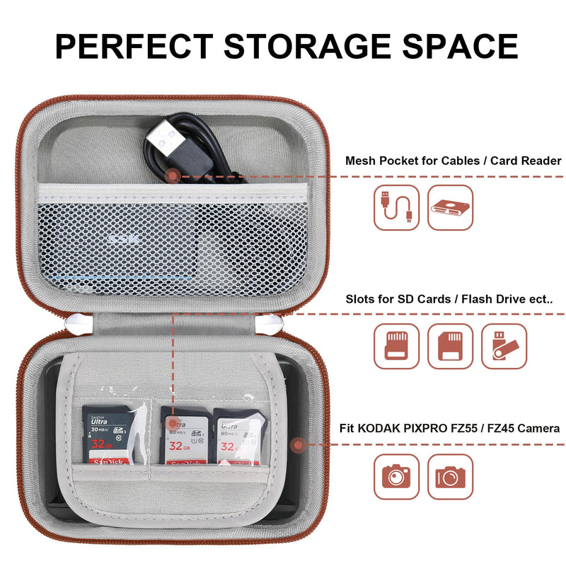 Lacdo Camera Carrying Case for KODAK PIXPRO FZ55 / FZ45 / FZ53 / FZ43 16MP Vlogging Digital Camera, Hard EVA Protective Camera Storage Trave Bag, Mesh Pocket Fit Batteries, USB Cable, SD Card, Red