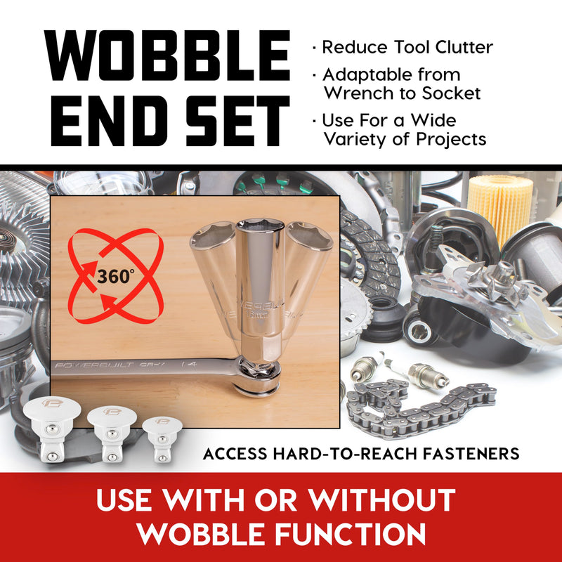 Powerbuilt 6 Piece Wrench Wobble Adapter and Low Profile Socket Adapter Set, Sockets to Combination Wrench, Interchangeable 1/4 Inch, 3/8 Inch, 1/2 Inch Drive, Designed to Fit Tight Spaces - 643050ECE 6 Piece Low Profile