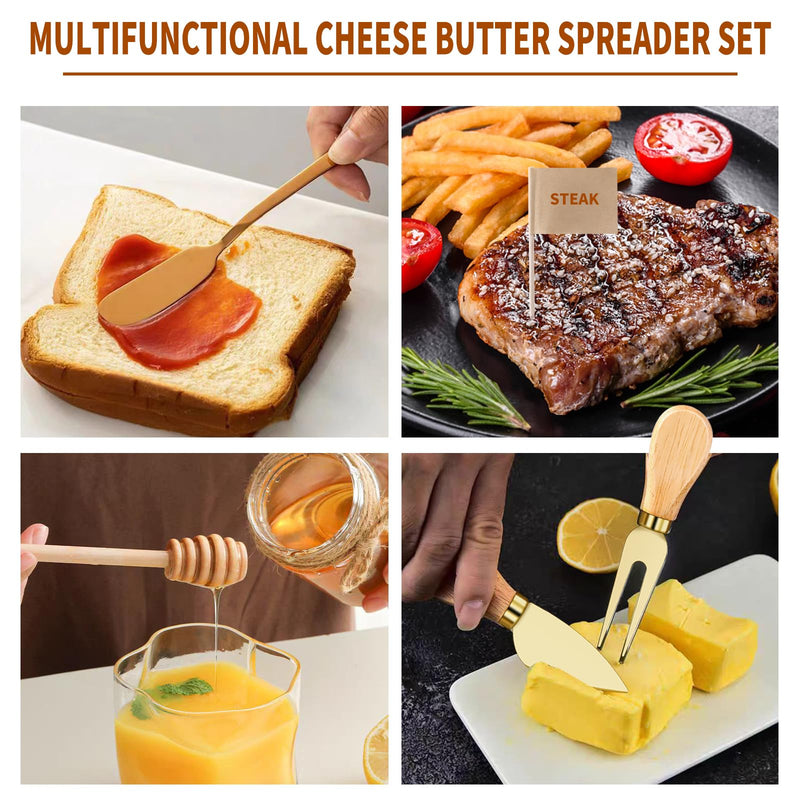 48 Pcs Charcuterie Boards Accessories Butter Spreader Knives Set Stainless Steel Cheese Mini Serving Tongs Spoons Forks Dipping Bowls Toothpick Flags Utensils for Pastry Making Wedding Christmas(Gold) 48Pcs Gold