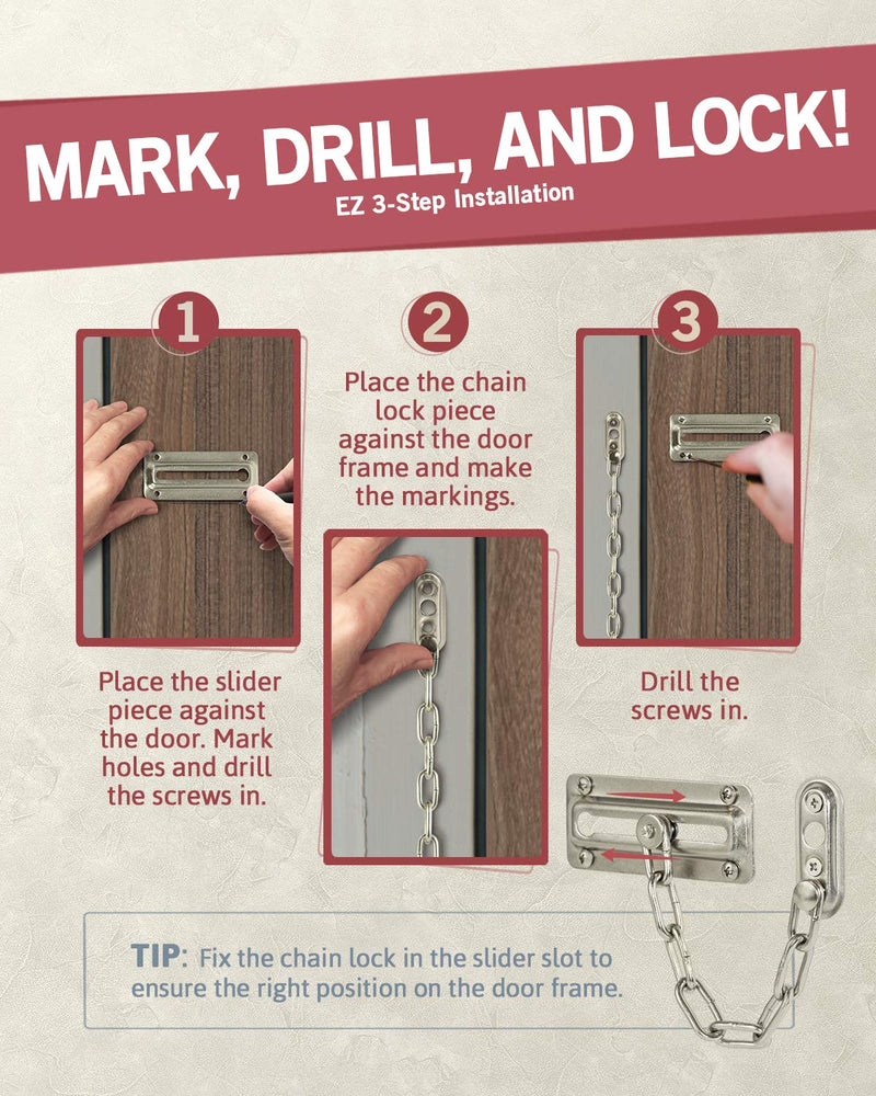 Jack N'Drill 2 Pack Door Chain Lock, 100% Child Proof Safety Chain Door Lock, Sturdy & Rust-Resistant Steel, Heavy Duty Chain Locks for Inside Door and Extra Front Door Lock (Satin Nickel) 7.79″ Chain Length - Satin Nickel