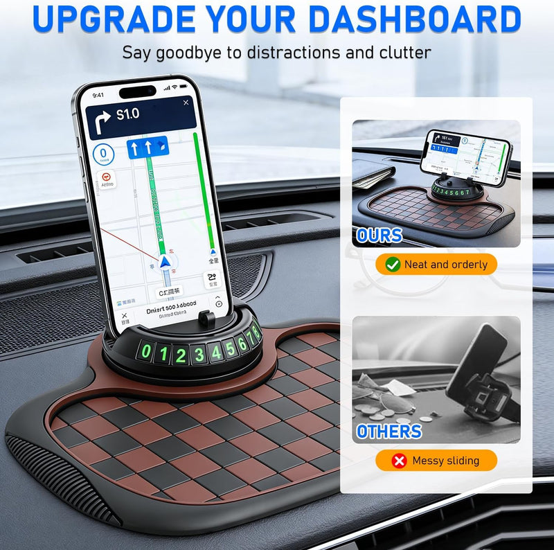 Brand Car Dashboard Non-Slip Mat, 360° Rotating Phone Holder, Anti-Skid Pad for ATV SUV Truck, Storage Organizer with Parking Number (Black) Black