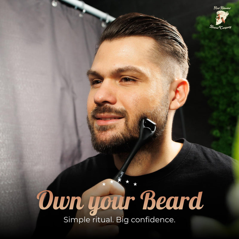 Red-Blooded Beard Roller, Derma Roller, Microneedling Roller, Beard Growth | Also called a dermaroller, this 0.5mm microneedle roller for hair growth supports thicker, fuller beard regrowth for men.