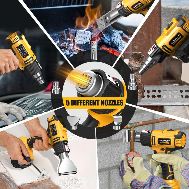 LIVOWALNY Cordless Heat Gun Compatible with Dewalt 20v Battery (Tool Only), 350W Fast Heating Soldering Hot Air Gun 122℉-1022℉ Variable Temperature Control with 5 Nozzles for DIY Craft, Shrink Tubing HeatPro Core Yellow -De
