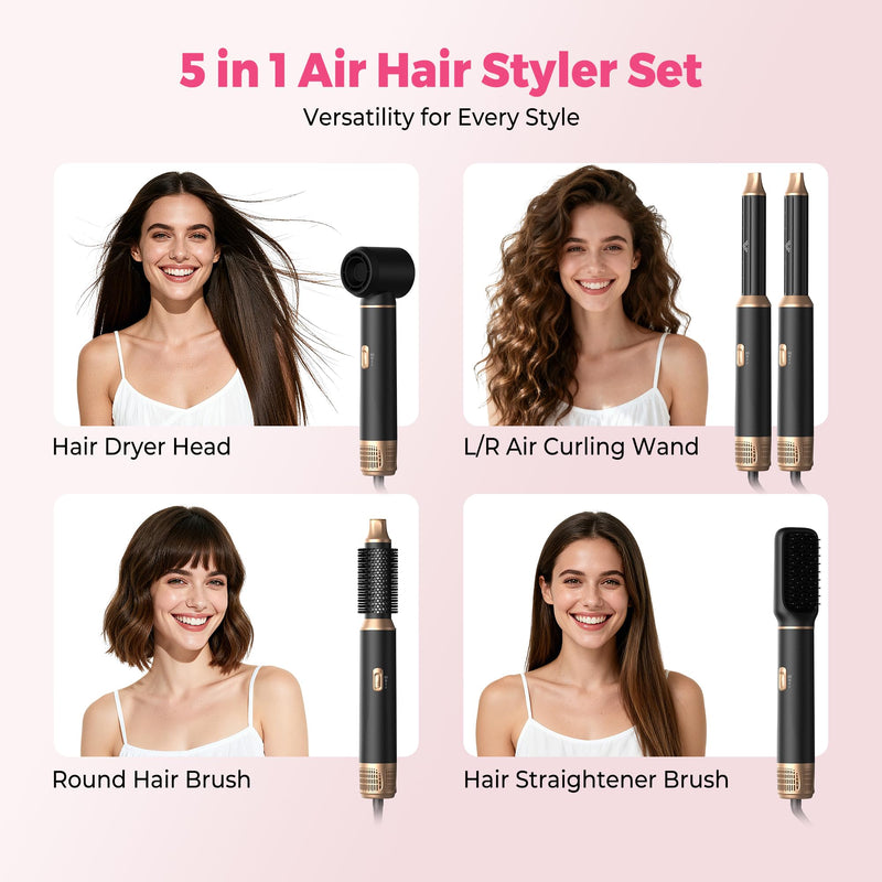 Atopskins Magic Styler Hair Styler Airbrush 5 in 1 Airstyler 5 in 1 Gift | Magic Styler Hair Styler Hair Dryer Brush with Curl,Straighten,Volumise, Smooth and Hairdryer Brushes,Multistyler Gift Deepblack