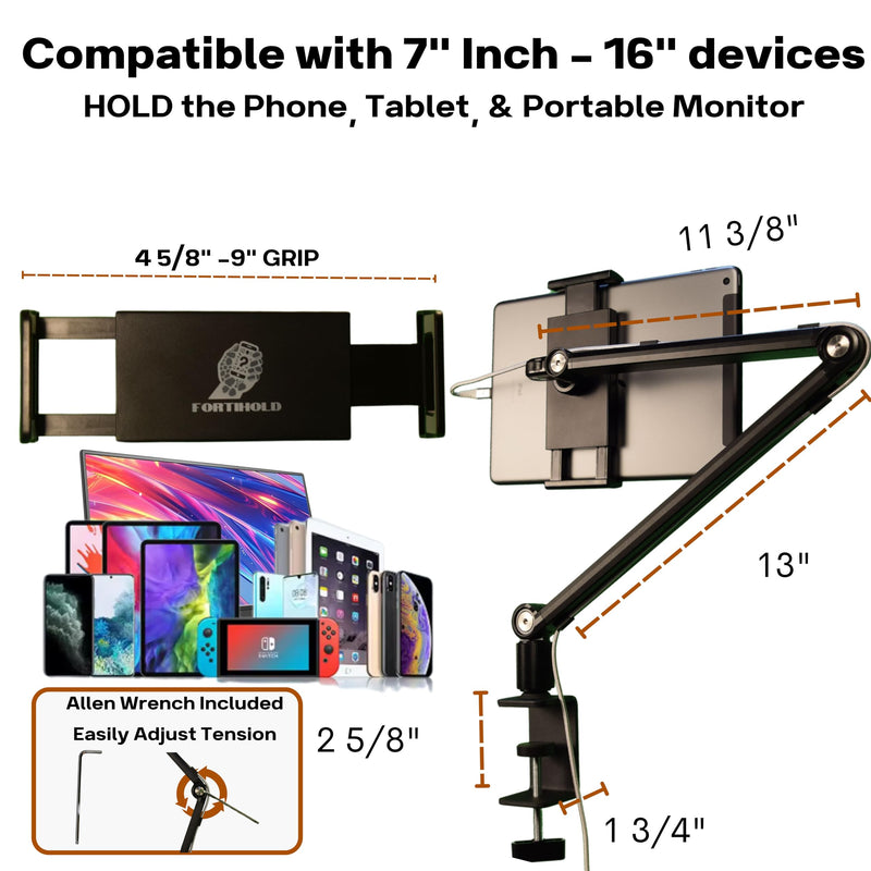 Stand for 16 Inch Portable Monitor - Heavy Duty Aluminum Mount with Infinite Angle Adjustment, Built-in Cable Management - Fits iPad Pro 12.9, Tablets, iPhone (Holds 4.7"-16" Devices) White
