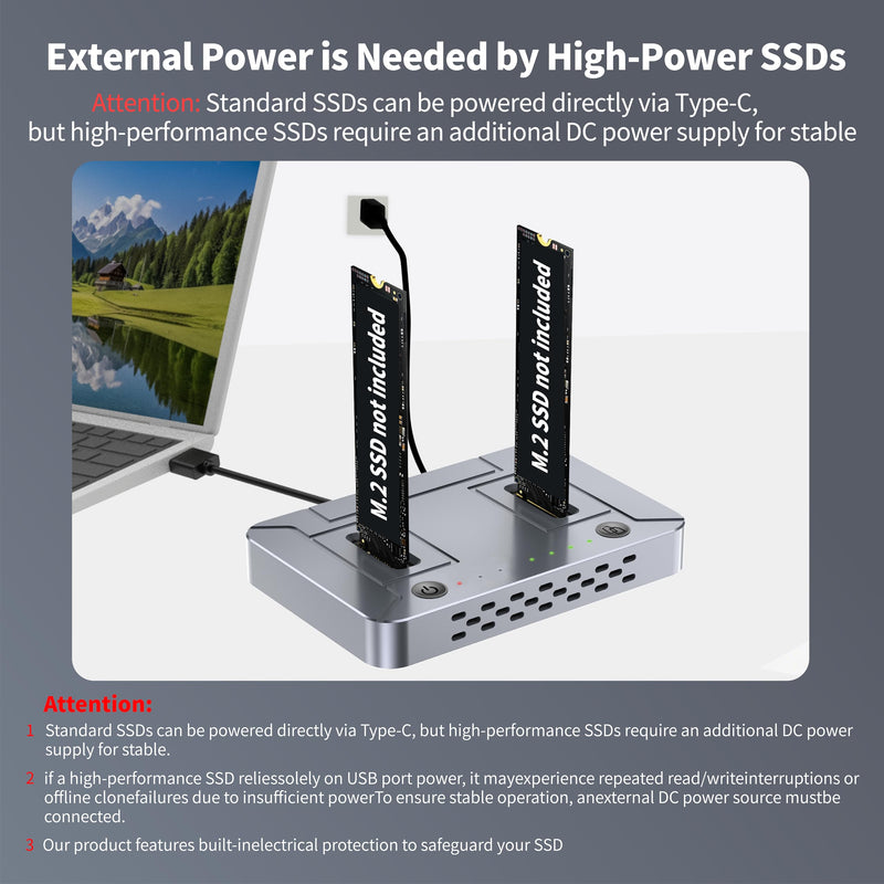 M.2 SSD Duplicator Dock, 20Gbps USB C Dual Bay Cloner, Aluminum Alloy Housing with Cooling Fan, Offline Clone/Data Transfer for NVMe SATA M.2 2230/2242/2260/2280 SSD