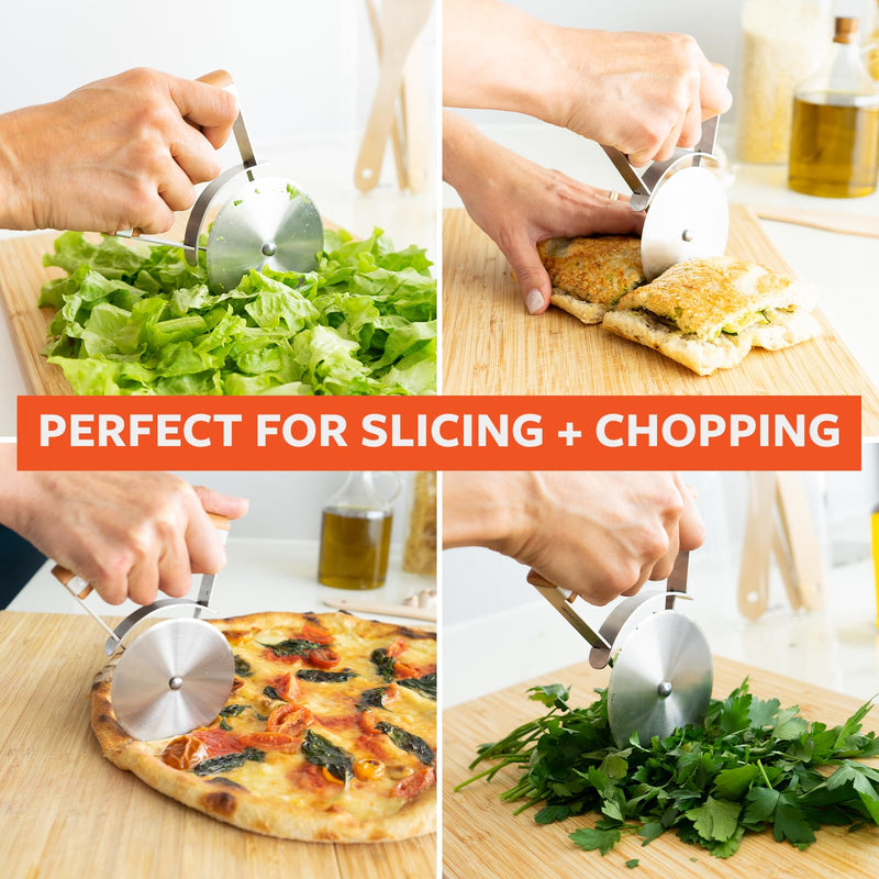 Full Circle Slice, Stainless Steel Precision Pizza Wheel with Safety Cover: Effortless Slicing, Innovative, Eco-Friendly. Dishwahser Safe.