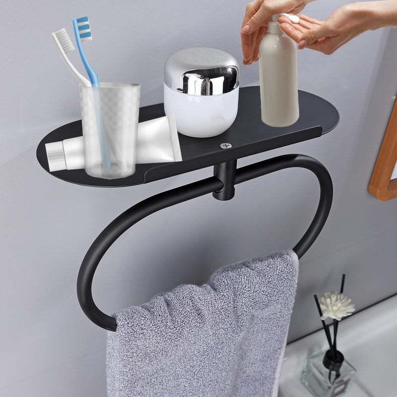 Towel Ring with Shelf, Heavy Duty Stainless Steel Bathroom Hardware, Adhesive No-Drill or Drill Mount Wall Mounted Towel Holder for Bathroom and Kitchen (Black) Black