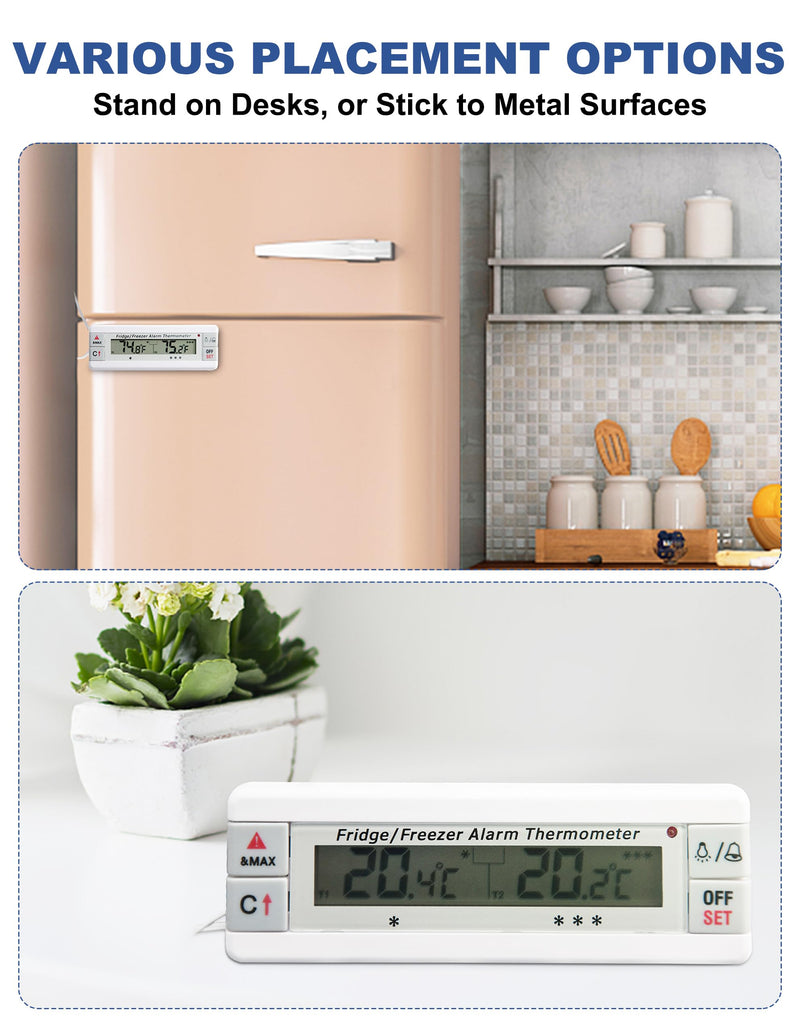 Digital Refrigerator Thermometer 2 Channel Freezer Thermometer with Alarm Sound Reminder Thermometer Fridge with Max/Min Temperature Record Freezer Alarm with Magnetic Back for Home Kitchen Refrigerator Universal Version
