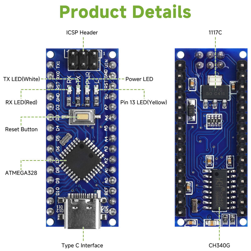 5pcs Nano V3.0 Board with Cable ATmega328P MCU CH340G Chip 5V 16M Microcontroller Compatible with Arduino Nano (Soldered, Type-C Port) 5pcs Type-C