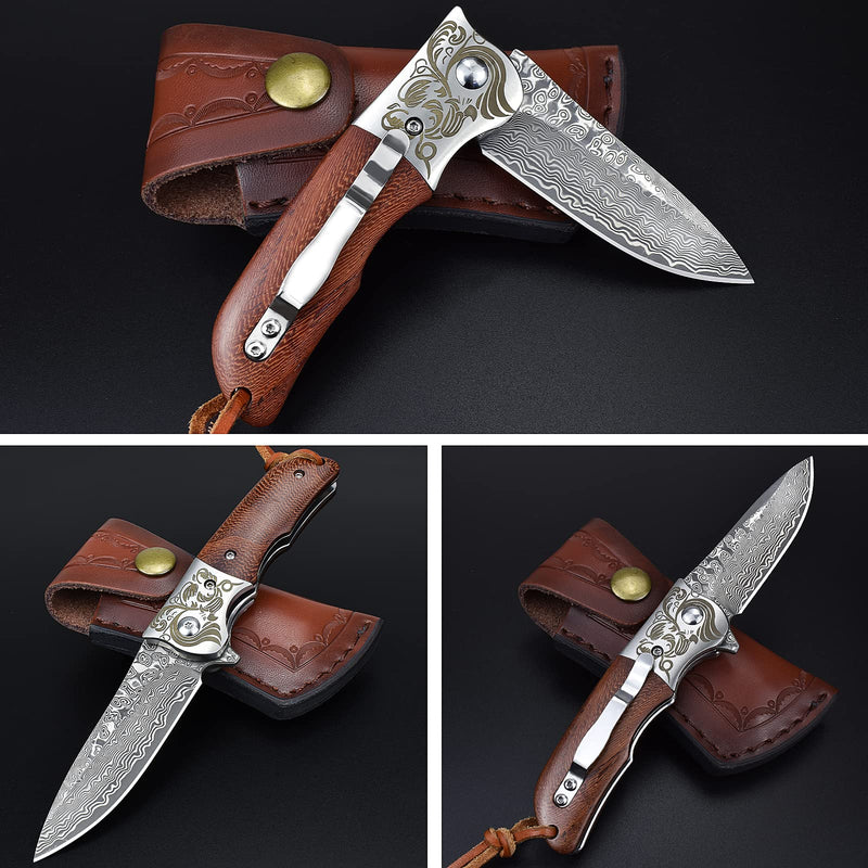 AUBEY Damascus Pocket Knife with Clip, Folding Knives with VG10 Damascus Steel Blade, Wooden Handle, Foldable EDC Knifes for Outdoor Survival Collection Gift A-Rosewood Handle
