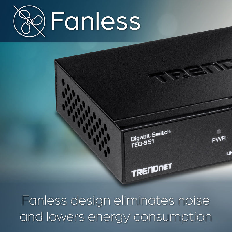 TRENDnet Gigabit Desktop Switch, TEG-S51, 5 x Gigabit RJ-45 Ports, Ethernet Splitter, 10Gbps Switching Capacity, Fanless Design, Metal Enclosure, Lifetime Protection 5-Port Gigabit