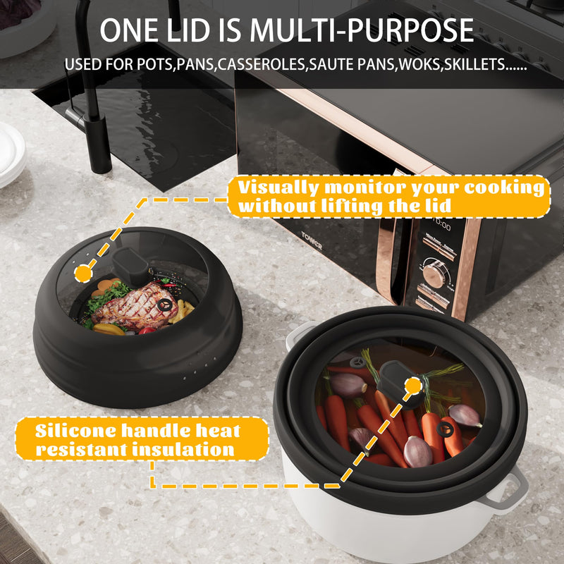 Microwave Splatter Cover, Collapsible Silicone Microwave Plate Cover with Glass for Food, Splatter Guard Lid 10.8 inch Black