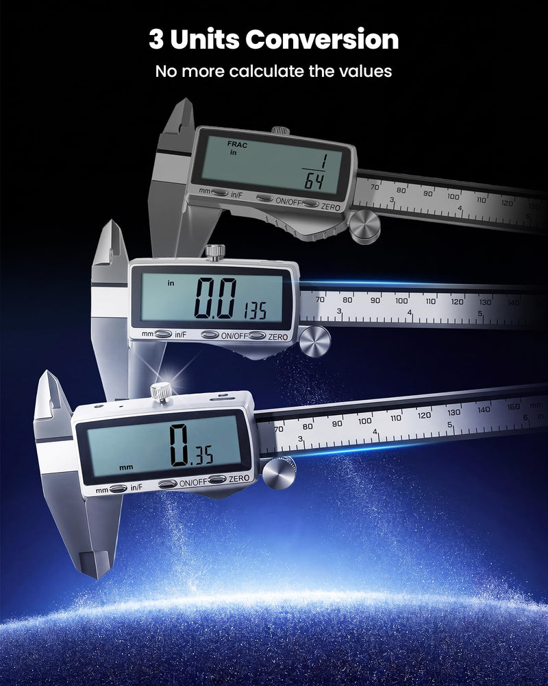 HARDELL Digital Caliper 6"/150mm, Rechargeable Stainless Steel Micrometer, Large LCD. in/MM/Fraction, Auto-Off, Electronic Measuring Tool for Machinist Woodworking 3D Printing DIY Household 6 Inch